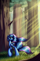 Size: 1650x2550 | Tagged: safe, artist:grennadder, princess luna, alicorn, pony, g4, big hooves, crepuscular rays, female, forest, long mane, long tail, mare, raised hoof, solo, tail, tall, windswept mane, windswept tail