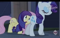 Size: 500x319 | Tagged: safe, screencap, fluttershy, rarity, pegasus, pony, unicorn, castle mane-ia, g4, d:, eyes closed, eyes on the prize, eyeshadow, female, frown, looking at butt, mare, out of context, surprised, walking, wide eyes