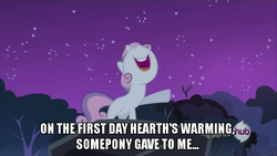 Size: 854x480 | Tagged: safe, edit, edited screencap, screencap, sweetie belle, g4, my little pony: friendship is magic, sleepless in ponyville, caption, female, hearth's warming, hub logo, image macro, solo, twelve days of christmas