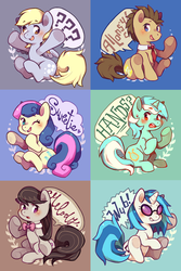 Size: 1000x1494 | Tagged: safe, artist:mi-eau, bon bon, derpy hooves, dj pon-3, doctor whooves, lyra heartstrings, octavia melody, sweetie drops, time turner, vinyl scratch, earth pony, pegasus, pony, unicorn, g4, allons-y, background six, female, male, mare, stallion, wub