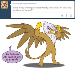 Size: 600x570 | Tagged: safe, artist:gilded-wings, gilda, griffon, g4, ask, bipedal, female, solo, tumblr