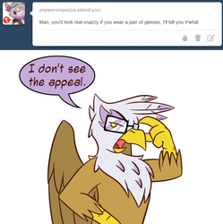 Size: 600x603 | Tagged: safe, artist:gilded-wings, gilda, griffon, g4, ask, female, glasses, solo, tumblr