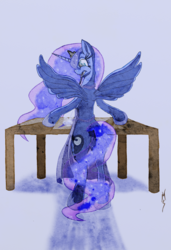 Size: 975x1425 | Tagged: safe, artist:v-max-s, artist:vmaxs, princess luna, g4, apron, clothes, female, solo, table, traditional art