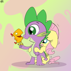 Size: 1024x1024 | Tagged: safe, artist:loreto-arts, fluttershy, peewee, spike, dragon, pegasus, pony, g4, age regression, cute, fangs, female, filly, filly fluttershy, floppy ears, hug, male, open mouth, scared, shivering, shyabetes, smiling, younger