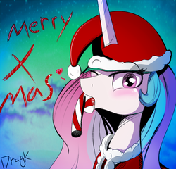 Size: 800x767 | Tagged: safe, artist:dragk, princess celestia, alicorn, pony, g4, blushing, candy cane, christmas, female, hat, santa hat, solo