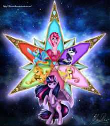 Size: 3500x4000 | Tagged: safe, artist:kitsunehino, applejack, fluttershy, pinkie pie, rainbow dash, rarity, twilight sparkle, alicorn, pony, g4, female, mare, stars, twilight sparkle (alicorn)