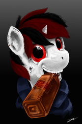 Size: 1500x2250 | Tagged: safe, artist:gasmaskfox, oc, oc only, oc:blackjack, pony, unicorn, fallout equestria, fallout equestria: project horizons, alcohol, booze, bottle, bust, fanfic, fanfic art, female, gradient background, horn, mare, mouth hold, portrait, signature, solo, teeth, whiskey