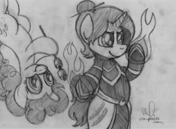 Size: 3300x2414 | Tagged: safe, artist:drawponies, pinkie pie, g4, avatar the last airbender, azula, crossover, fire-bending, marshmallow, monochrome, ponified, smiling, stick
