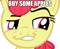 Size: 480x394 | Tagged: safe, edit, apple bloom, earth pony, pony, daring don't, g4, my little pony: friendship is magic, buy some apples, female, image macro, meme, pure class, smugdash, solo