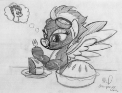 Size: 3012x2298 | Tagged: safe, artist:drawponies, soarin', spitfire, g4, apple pie, fork, pie, ship:soarinfire, shipping, sketch