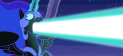 Size: 1287x591 | Tagged: safe, edit, edited screencap, screencap, nightmare moon, g4, princess twilight sparkle (episode), season 4, derp, female, glowing horn, horn, laser, magic, open mouth, shoop da whoop, solo, spread wings, wide eyes