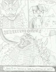 Size: 785x1017 | Tagged: safe, artist:johng117, twilight sparkle, kaiju, pony, unicorn, g4, bhagavad gita, comic, crossover, female, floppy ears, godzilla, godzilla (series), grayscale, j. robert oppenheimer, mare, monochrome, pencil drawing, traditional art, unicorn twilight