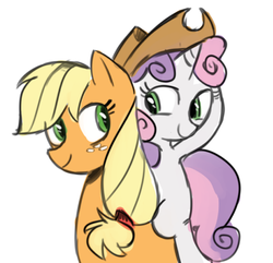 Size: 1055x1015 | Tagged: safe, applejack, sweetie belle, g4, accessory swap, ponies riding ponies, riding