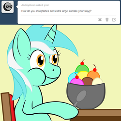 Size: 1280x1280 | Tagged: safe, artist:zeldafan777, lyra heartstrings, pony, unicorn, ask fatbelliedlyra, g4, ask, chubby, fat, female, food, ice cream, lard-ra heartstrings, mare, solo, stuffing, tumblr, weight gain