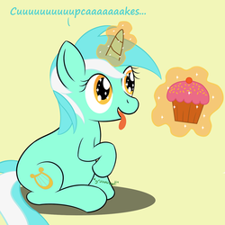 Size: 1280x1280 | Tagged: safe, artist:zeldafan777, lyra heartstrings, pony, unicorn, ask fatbelliedlyra, g4, ask, cake, cake addict, chubby, cupcake, fat, female, food, hungry, lard-ra heartstrings, magic, mare, solo, stomach noise, tongue out