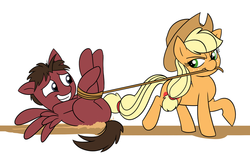 Size: 917x571 | Tagged: safe, artist:mickeymonster, applejack, oc, earth pony, pegasus, pony, g4, bedroom eyes, dragging, duo, grin, hogtied, lasso, nervous, on back, raised hoof, smiling, spread wings, tied up, walking
