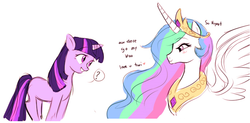 Size: 693x340 | Tagged: safe, artist:dashyice, princess celestia, twilight sparkle, alicorn, pony, unicorn, g4, bae, blushing, confused, cute, eye contact, female, grin, heart, lesbian, lidded eyes, missing cutie mark, question mark, ship:twilestia, shipping, simple background, smiling, spread wings, white background