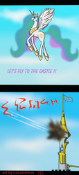 Size: 1500x3300 | Tagged: safe, artist:lucandreus, princess celestia, g4, crash, female, flying, let's fly to the castle, open mouth, smiling, solo, spread wings, tower