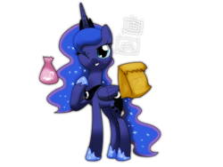 Size: 2000x1500 | Tagged: safe, artist:hoyeechun, princess luna, alicorn, pony, g4, female, food, mare, paper bag, simple background, snacks, solo, transparent background, wink