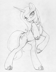 Size: 816x1064 | Tagged: safe, artist:ecmajor, fleur-de-lis, pony, unicorn, g4, crotchboobs, delicious flat crotch, female, mare, monochrome, nipples, nudity, rearing, solo, teats