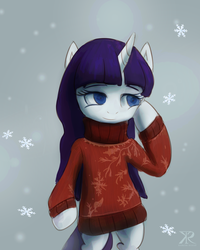 Size: 1024x1280 | Tagged: safe, artist:grissaecrim, rarity, pony, g4, alternate hairstyle, bipedal, clothes, female, snow, snowflake, solo, sweater