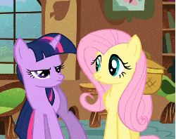 Size: 725x576 | Tagged: safe, screencap, fluttershy, twilight sparkle, pony, a bird in the hoof, g4, season 1, :o, animated, animation error, duo, female, flutterbuse, frown, grumpy, horses doing horse things, kick, nudge