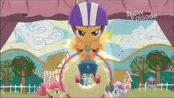 Size: 1349x760 | Tagged: safe, screencap, apple bloom, scootaloo, sweetie belle, flight to the finish, g4, cutie mark crusaders, helmet, hub logo, hubble, low quality, needs more jpeg, scooter, the hub