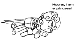 Size: 960x512 | Tagged: safe, artist:snapai, sweetie belle, alicorn, pony, robot, unicorn, g4, alicornified, black and white, comic, female, filly, flying, foal, grayscale, hooves, horn, jet engine, jetpack, monochrome, open mouth, race swap, simple background, solo, sweetie bot, sweetiecorn, text, white background, xk-class end-of-the-world scenario
