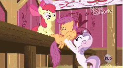 Size: 632x352 | Tagged: safe, screencap, apple bloom, scootaloo, sweetie belle, flight to the finish, g4, season 4, animated, exercise, female, hub logo, hubble, sweat, the hub, workout