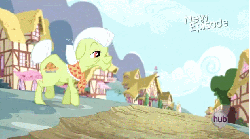Size: 632x352 | Tagged: safe, screencap, apple bloom, granny smith, scootaloo, sweetie belle, flight to the finish, g4, season 4, animated, female, goggles, helmet, high five, hoofbump, hub logo, hubble, scooter, the hub