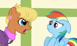Size: 1202x728 | Tagged: safe, screencap, ms. harshwhinny, rainbow dash, earth pony, pegasus, pony, flight to the finish, g4, angry, cute, dashabetes, earring, ears back, eye contact, female, frown, getting real tired of your shit, glare, nose wrinkle, open mouth, sad, scrunchy face
