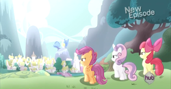 Size: 1599x831 | Tagged: safe, screencap, apple bloom, scootaloo, sweetie belle, earth pony, pegasus, pony, unicorn, flight to the finish, g4, butt, cutie mark crusaders, female, filly, foal, hub logo, hubble, new episode, plot, ponyville, trio