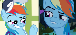 Size: 805x373 | Tagged: safe, rainbow dash, pegasus, pony, daring don't, flight to the finish, g4, season 4, dreamworks face, faic, female, grin, hat, mare, rainbow dash is best facemaker, smiling, smirk, smug, smugdash