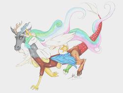 Size: 5878x4433 | Tagged: safe, artist:fivereasonstohateme, discord, princess celestia, g4, absurd resolution, carrying, female, male, ship:dislestia, shipping, straight, traditional art