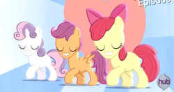 Size: 516x272 | Tagged: safe, screencap, apple bloom, scootaloo, sweetie belle, earth pony, pegasus, pony, unicorn, flight to the finish, g4, chin, cutie mark crusaders, faic, female, filly, foal, great moments in animation, hearts as strong as horses, hub logo, hubble, smiling, the hub, trio, trio female