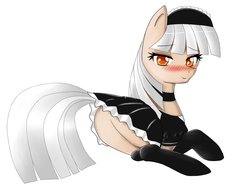 Size: 1032x774 | Tagged: safe, artist:shrusxaiken, oc, oc only, pony, blushing, butt, clothes, colored pupils, maid, plot, pose, simple background, solo, stockings, white background