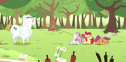 Size: 1520x751 | Tagged: safe, screencap, apple bloom, bulk biceps, scootaloo, sweetie belle, earth pony, pegasus, pony, unicorn, flight to the finish, g4, cutie mark crusaders, ear piercing, earring, female, filly, flower, foal, jewelry, male, mouth hold, piercing, rope, stallion, tree, tug of war