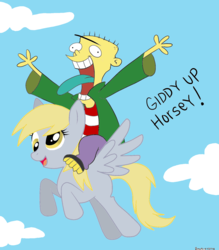 Size: 1400x1600 | Tagged: safe, artist:personman718, derpy hooves, pegasus, pony, g4, crossover, ed (ed edd n eddy), ed edd n eddy, female, flying, humans riding ponies, mare, open mouth, riding, screaming, tongue out, wide eyes