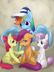 Size: 600x800 | Tagged: safe, artist:norang94, apple bloom, rainbow dash, scootaloo, sweetie belle, flight to the finish, g4, comforting, crying, cutie mark crusaders