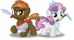Size: 1280x707 | Tagged: safe, artist:aleximusprime, button mash, sweetie belle, earth pony, pony, unicorn, don't mine at night, g4, colt, duo, duo male and female, female, filly, foal, male, minecraft, pickaxe, simple background, sword, transparent background, weapon