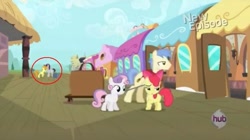 Size: 1013x568 | Tagged: safe, edit, edited screencap, screencap, apple bloom, carrot top, golden harvest, goldengrape, sir colton vines iii, steamer, sweetie belle, written script, earth pony, pony, unicorn, flight to the finish, g4, season 4, background pony, female, filly, foal, male, ship:goldenscript, shipping, stallion, straight