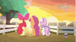 Size: 480x270 | Tagged: safe, screencap, apple bloom, scootaloo, sweetie belle, flight to the finish, g4, animated, cutie mark crusaders, female, hub logo, hubble, the hub, yeah, yeah!!!!!!!!