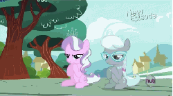 Size: 480x270 | Tagged: safe, screencap, diamond tiara, silver spoon, earth pony, pony, flight to the finish, g4, animated, clapping, duo, female, filly, foal, glasses, golf clap, hub logo, hubble, the hub