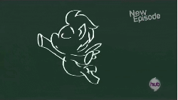 Size: 480x270 | Tagged: safe, screencap, ms. harshwhinny, rarity, lobster, flight to the finish, g4, animated, chalkboard, female, hub logo, hubble, juggling, the hub