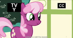 Size: 1153x608 | Tagged: safe, screencap, cheerilee, flight to the finish, g4, chalkboard, female, meme, ponyville schoolhouse, solo, youtube caption