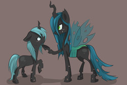 Size: 1024x683 | Tagged: safe, artist:skune, queen chrysalis, oc, oc:sleeva, changeling, changeling queen, g4, blushing, female, mommy chrissy, offspring, parent:queen chrysalis, story in the comments