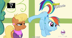 Size: 1152x607 | Tagged: safe, screencap, ms. harshwhinny, rainbow dash, flight to the finish, g4, animation error, meme, out of context, youtube caption