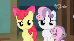 Size: 480x270 | Tagged: safe, screencap, apple bloom, sweetie belle, earth pony, pony, flight to the finish, g4, adorabloom, animated, cute, diasweetes, female, hub logo, hubble, scootaloo's house, smiling, the hub