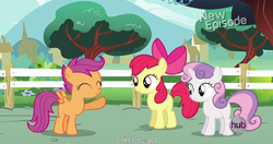 Size: 1152x609 | Tagged: safe, screencap, apple bloom, scootaloo, sweetie belle, flight to the finish, g4, cutie mark crusaders, hub logo, meme, youtube caption