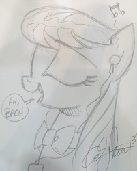 Size: 543x674 | Tagged: safe, artist:andypriceart, octavia melody, earth pony, pony, g4, bowtie, classical, dialogue, earbuds, eyes closed, female, grayscale, headphones, johann sebastian bach, mare, monochrome, music, music notes, open mouth, signature, solo, speech bubble, talking, traditional art